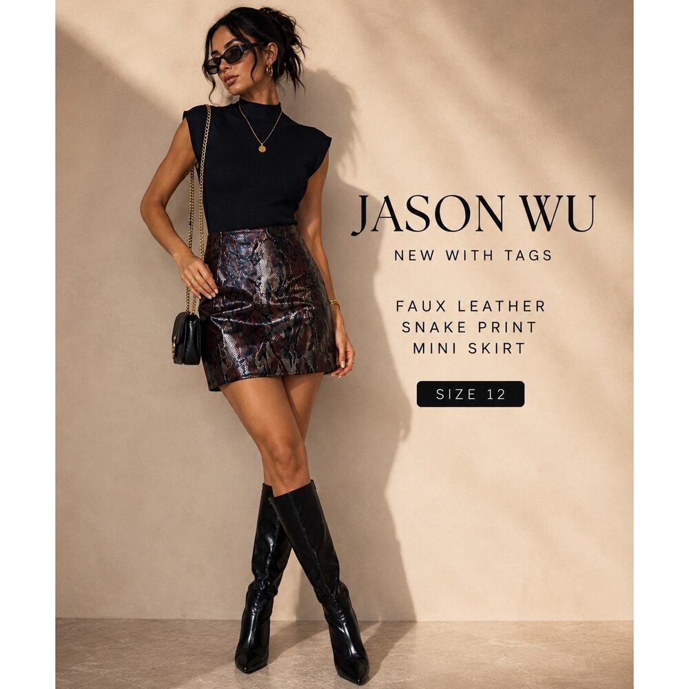 Jason Wu NWT Faux Leather Snake Print Mini Skirt Burgundy Black Size 12 Luxe